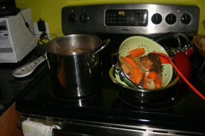 vegetables removed and draining. note the receding tide line of the stock.